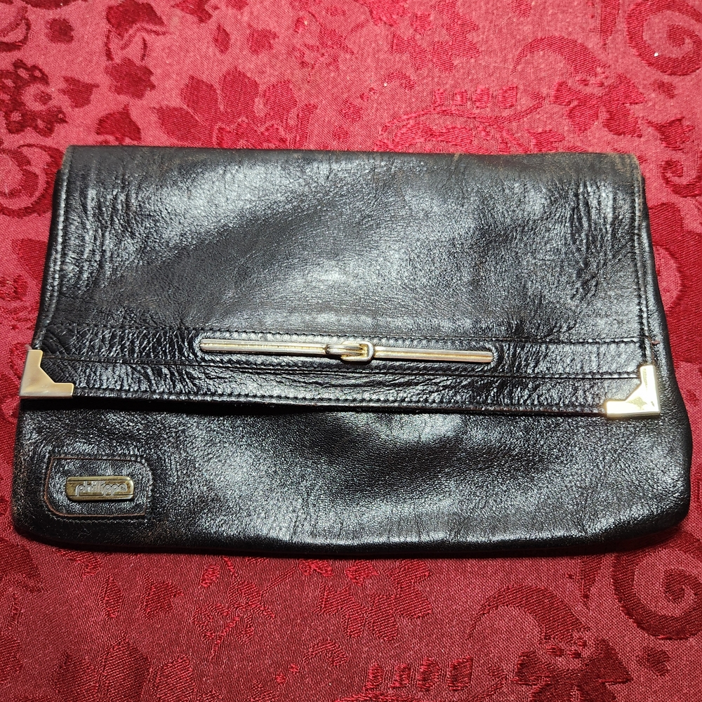 Vintage Philippe Black Leather Envelope Clutch Purse Snap Closure